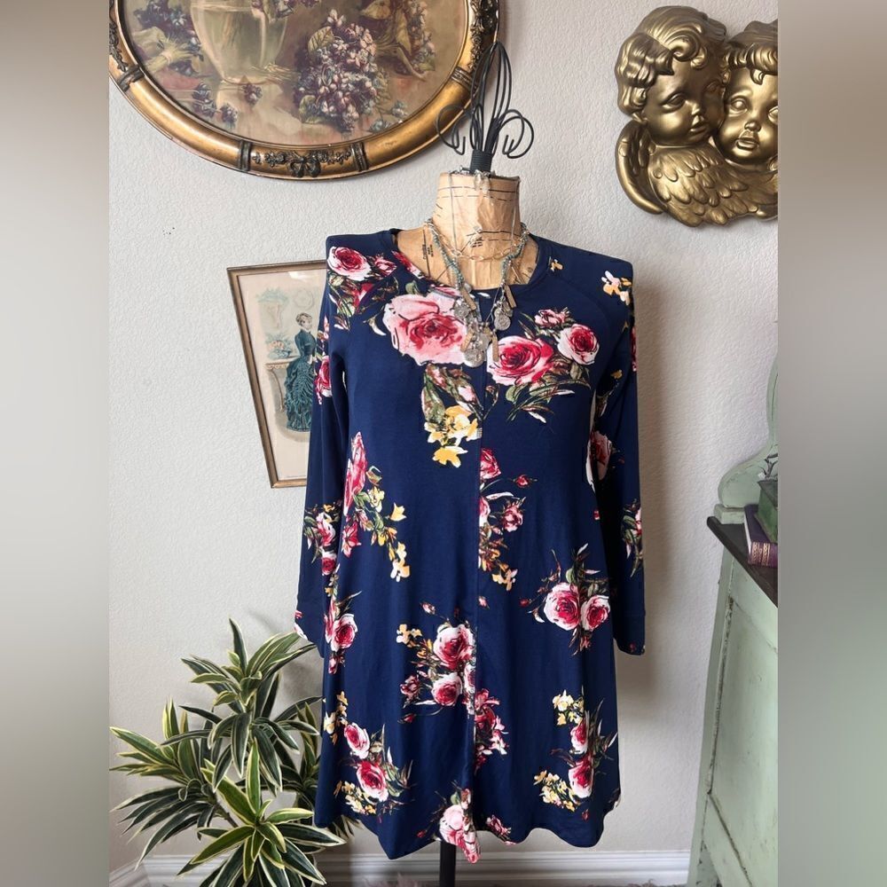One The Land Blue Pink Rose Floral‎ Stretch Long Sleeve Stretch Shirt Dress Sz S